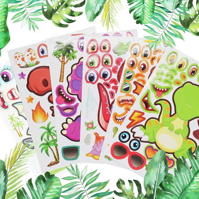 27 Sheet Dinosaur Stickers Make Your Own Dino Stickers for Kids 3+, Make-a-face Sticker Boys Girls Dinosaur Birthday Party Decorations, DIY Craft Birthday Party Favor Supplies