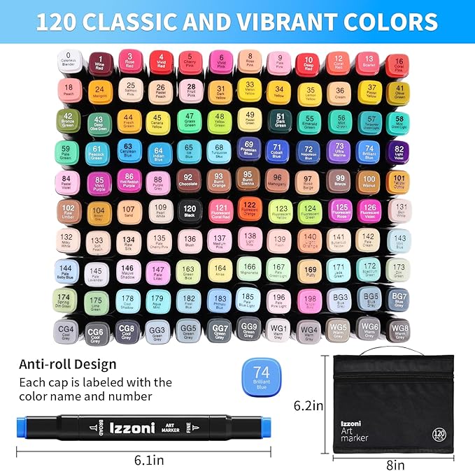 120 Colors Alcohol Markers Set, Dual Tip (Fine & Chisel) Coloring Markers, Permanent Art Drawing Marker for Kids Sketching Adult Coloring with Case and Holders (120 Colors - Black)