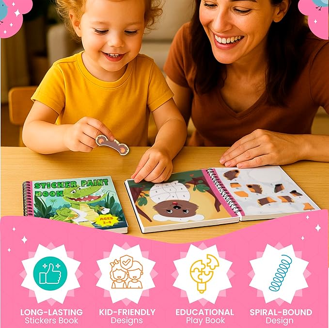 BulbaCraft 4Pcs Sticker Paint Books - Sticker Books by Number with Mermaids, Princesses, Animals and Unicorns - Coloring Activity