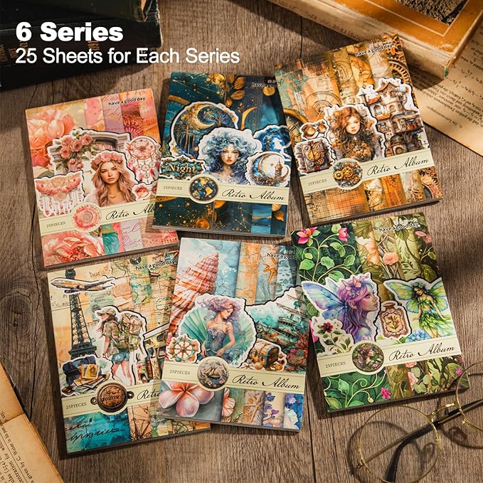 Pre-Cut Retro Stickers and Papers Set, 150 Pcs Vintage Ephemera for Scrapbooking, Journaling, DIY Crafting, and Art Supplies