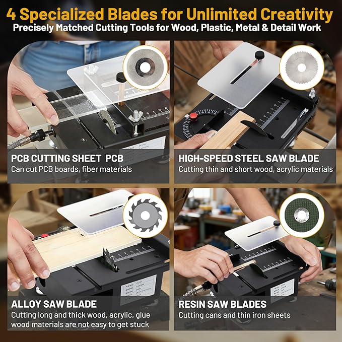 Mini Table Saw, Mini Multi Functional Table Saw for Crafts, 7-Speed Adjustable Portable Desktop Saw with Height & Angle Control, Cutting/Polishing/Engraving/Drilling for Woodworking, Plastic & Acrylic