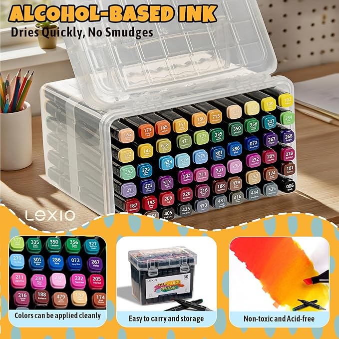 Lexio Alcohol Markers, 60 Colors Dual Tip Art Marker With Organizing Case, Fine & Broad Tip Permanent Art Markers for Adults, Drawing, Sketching and Coloring