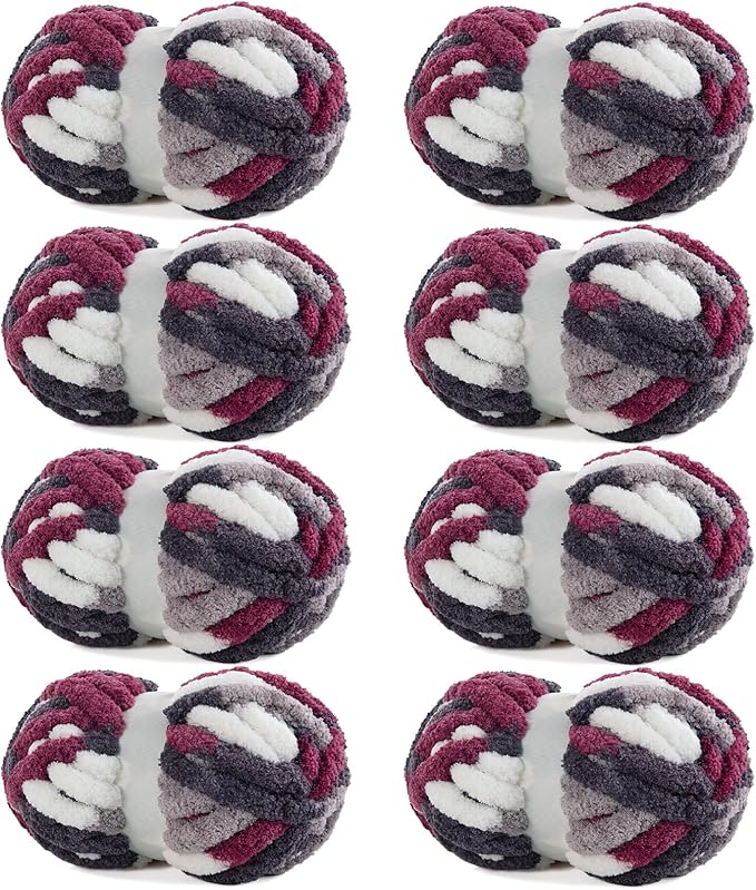 HOMBYS 8 Pack Giant Chunky Yarn for Crocheting and Knitting, Super Bulky Large Soft Fluffy Tie Dye Plush Fuzzy Mixed Color Thick Chenille Yarn (Wine Red, Grey, White)
