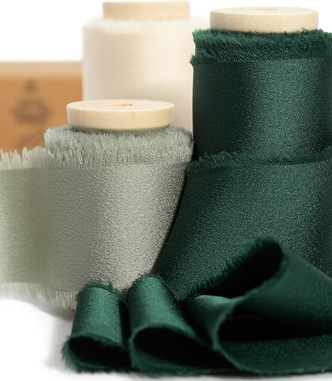 Vitalizart Silk Satin Ribbon 1-1/2 Inch x 15 Yard Green & Cream Handmade Frayed Ribbons for Gift Wrapping Baby Shower Wedding Bridal Bouquets Holiday Decor Sage Ivory White