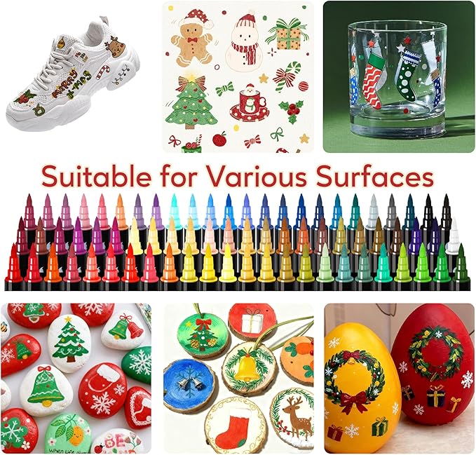 72 Colors Acrylic Paint Markers, Dual Tip with Fine Tip and Brush Tip Pens for Stone, Wood, Canvas, Glass, Ceramic, Metal, Rock, Fabric, DIY Art Projects