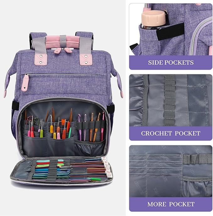 Crochet Backpack,Knitting Bag Backpack Yarn Storage Organizer Travel Crochet Bag with USB Charging Port,Large Yarn Tote Bag Yarn Holder Case