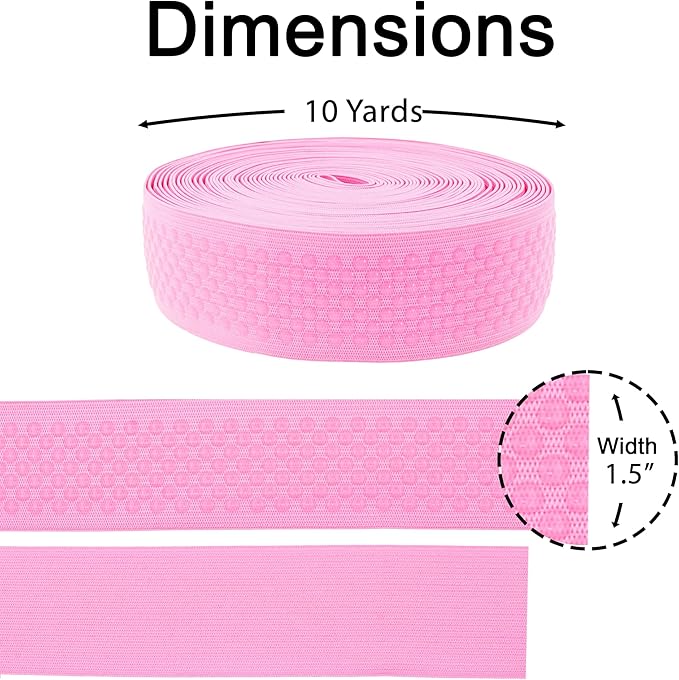 Mandala Crafts 1.5 Inch Elastic Silicone Gripper Tape for Clothing - 10 Yds Dotted Non Slip Elastic Band for Sewing - Pink Silicone Flat Fabric Stretchy Ribbon Straps