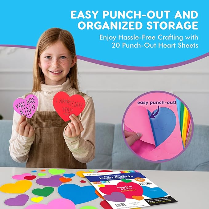 FreshCut Crafts 240 Pieces Heart Paper Cutouts, 2-Sided US Made Card Stock Punch Out Multicolor Hearts for Valentine’s Day Crafts, Bulletin Boards, Classroom Decor, and Posters 10 Vibrant Colors