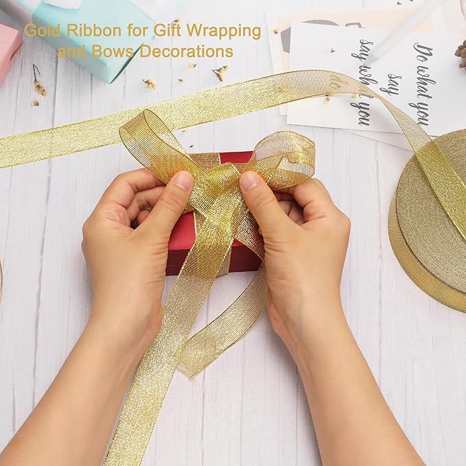 100 Yards Glitter Gold Ribbon 5/8 Inch, Sparkly Thin Solid Fabric Ribbon for Gift Wrapping, Crafts, Holiday Wedding Birthday Party Decoration Floral Bouquet, Metallic Gold Ribbon Roll