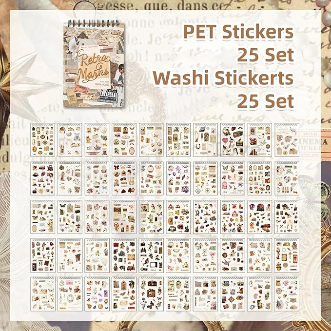 Uideyvi Retro Series Sticker Scrapbooking Supplies for Junk Journal, 25 Sheets Washi Stickers and 25 Sheets PET Stickers(TZ-010-001)