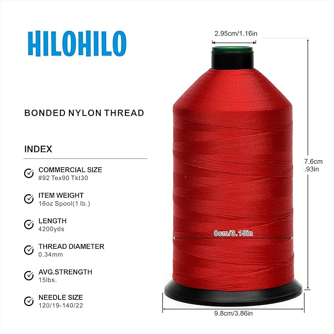 Extra Strong Bonded Nylon Thread #92 Tex90 – 16 OZ, 4200yds, Versatile Stitching Solution for Leather, Upholstery, Canvas Repair and More (Red)