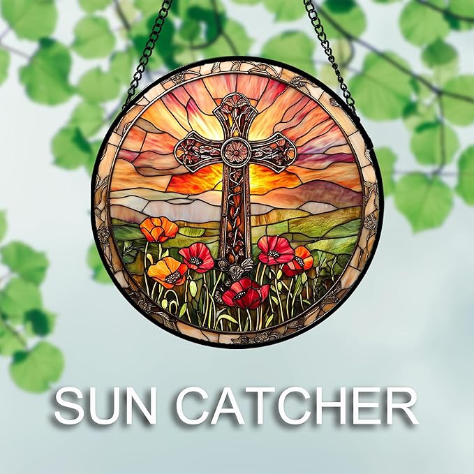 Christian Gifts for Women - Cross Stained Glass Window Hanging Jesus Easter Poppy Sunset Landscape Sun Catcher Garden Religion Decor Mother's Day Catholic Gift for Men Grandma Mom Her 7.8"