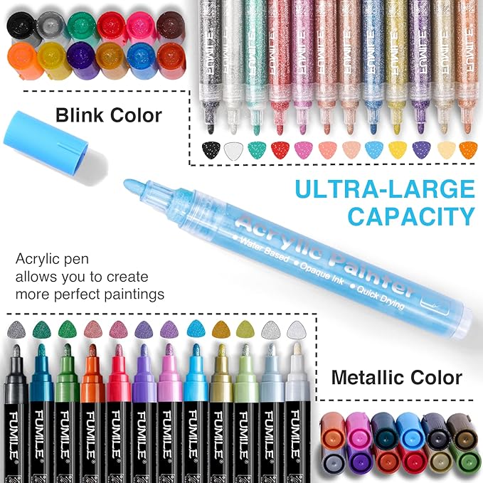 FUMILE Acrylic Markers Paint Pens, 80 Colors Paint Markers include Metallic Color (12 PCS), Blink Color (12 PCS) and Normal Color (56 PCS). For Rock,Metal,Plastic,Glass,Canvas,Ceramic,Wood,And More