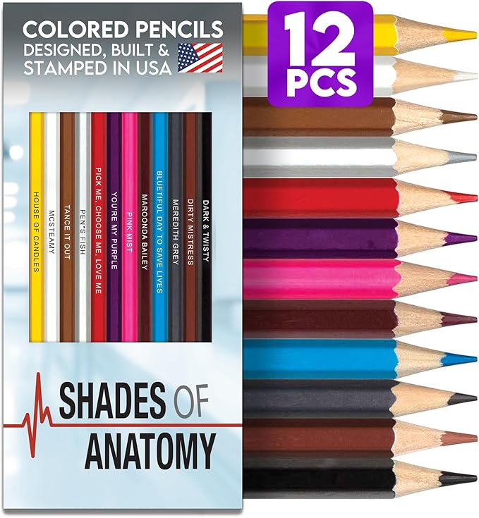 Grey's Anatomy-Inspired Colored Pencils Set for Adults – 12 Drawing Pencils with Foil-Stamped Names – Grey's Anatomy Gifts for Fans – Art and Office Supplies, Travel Colored Pencil Set