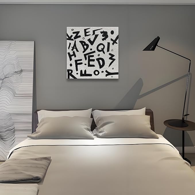 Art 24x24 inch Hand-Painted Black and White Letter Texture Art Oil Painting in Modern Abstract Style. Suitable for Wall Decoration in Home Office