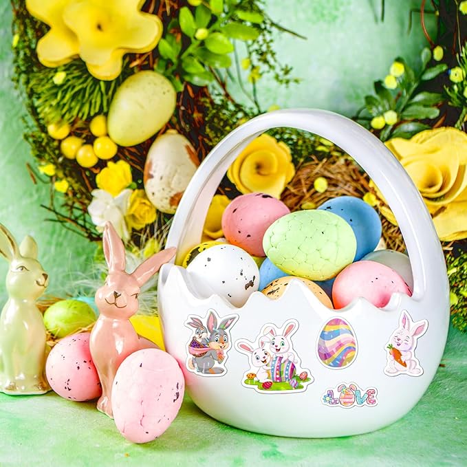 100 Pcs Holographic Easter Stickers,Easter Egg Stuffers Cute Bunny Rabbits Vinyl Waterproof Stickers Basket Stuffers Gifts