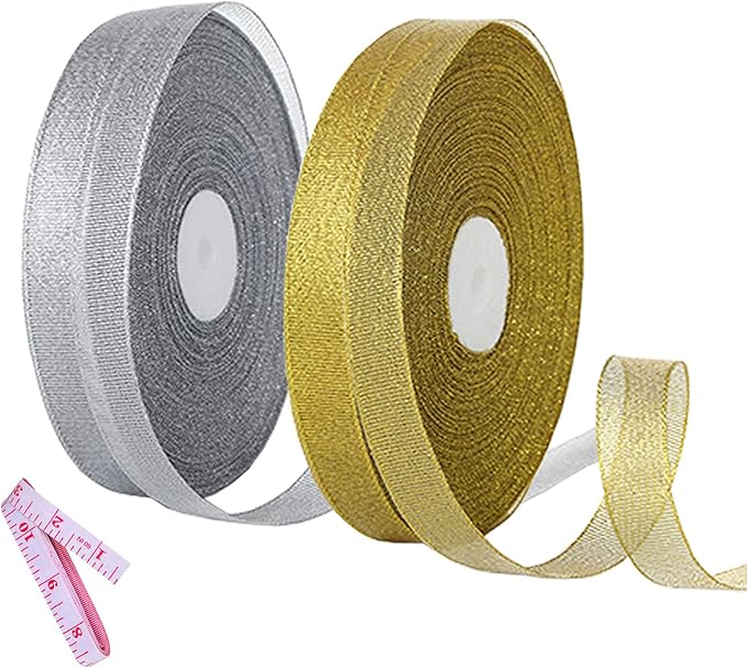 2 Rolls 50 Yards Width Metallic Glitter Ribbons 5/8 Inch Sparkly Fabric Wide Ribbon for Gift Wrapping, Crafts, Holiday Wedding Birthday Party Decoration Floral DIY Work(25 Yards Silver & Gold Ribbon)