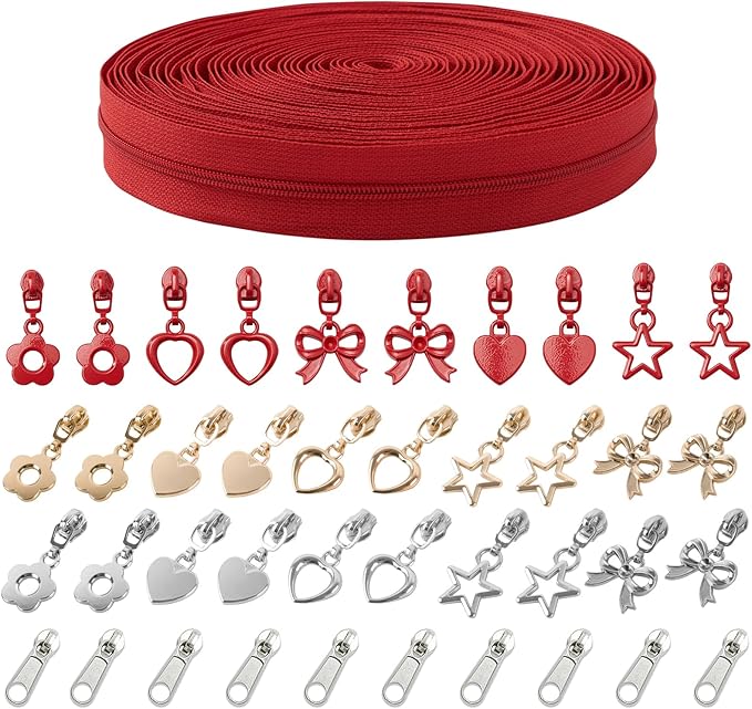 Mylbeter #3 Nylon Coil Zippers by The Yards Red Bulk Zippers 10 Yards with 40PCS Sliders Continuous Zipper Tape for DIY Bag Clothing Sewing Crafts Gold Pull Sliver Slider Zipper for Bags and Purses