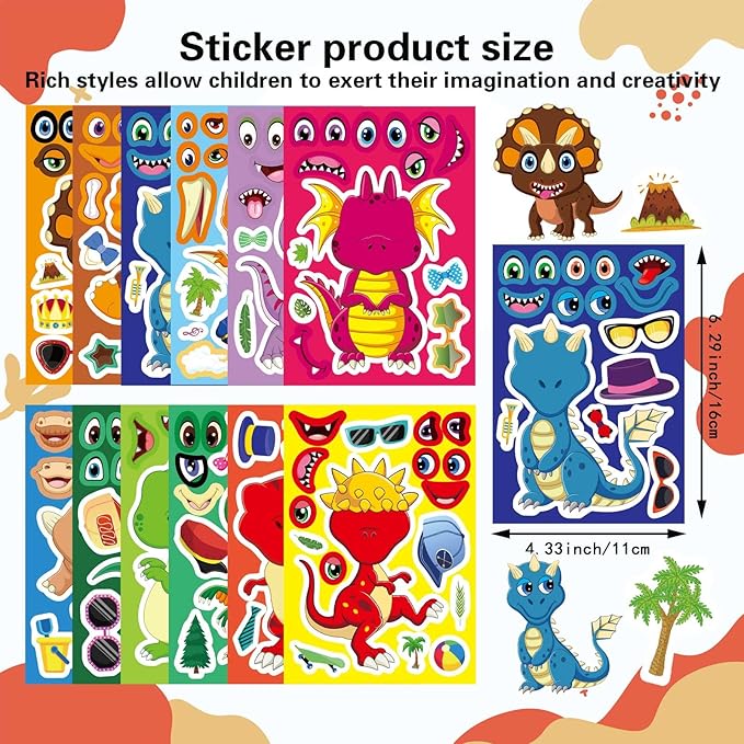 24 PCS Dinosaur Sticker for Kids, Make Your Own Dinosaur Sticker Sheets 12 Design Boy Girl Toddlers Stickers, Dinosaur Party Favors Supplies Art Craft, Birthday Gift, Teacher Classroom Reward