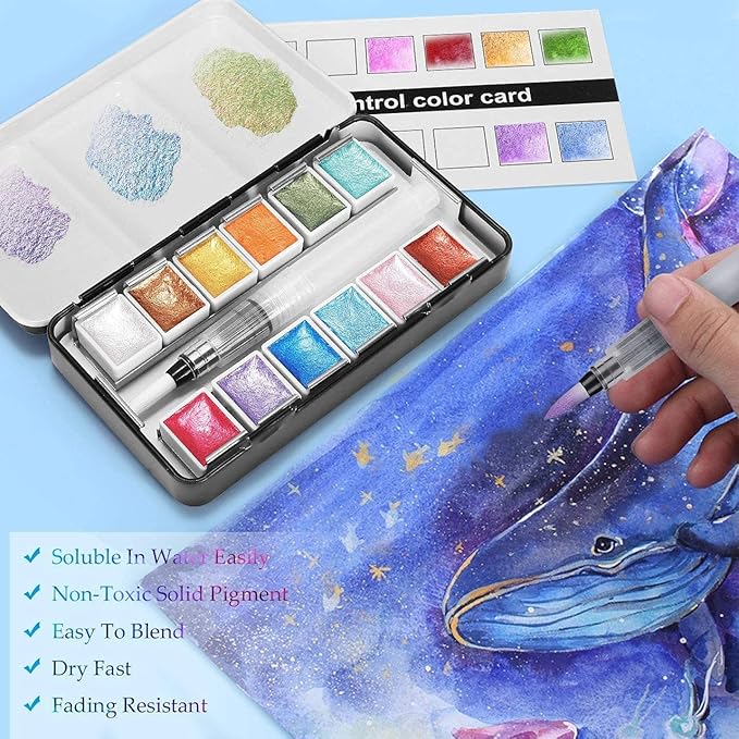 Emooqi Watercolor Paints Set, Metallic Glitter Watercolour Solid Paint Include 12 Metallic Glitter Color 2 Water Brushes 2 Color Card Storage Bag, Ideal for Illustrations Painting.