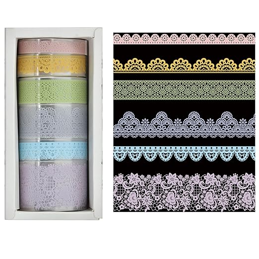 6 Rolls Lace Patterns PET Tapes Floral Arts Decorative Tape Set Adhesive Transparent Masking Tapes for DIY Craft, Kids, Scrapbook, DIY, Gift Wrapping, Journal (Lustrous Glass)