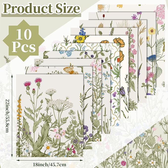 Hahafelt 10 Pcs 18 x 22 Inch Wildflower Floral Quilting Fabric Bundles Wildflower Floral Fabric Squares Spring Flower Precut Quilting Strips for Spring Summer Craft Sewing DIY