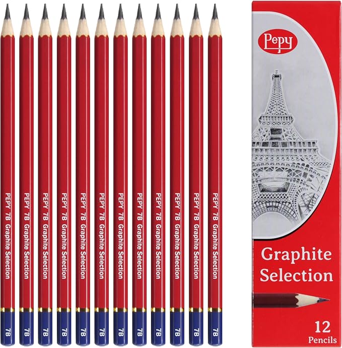 Pepy Graphite Professional Drawing Pencils - Set of 12 7B Pre-Sharpened Black Lead Pencils; Perfect for Drawing, Sketching and Shading, Graphic and Fine Art