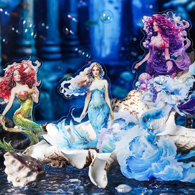Yoksas Holographic Shiny Fantasy Mermaid Big Stickers - 30Pcs Waterproof Clear Glitter Aesthetic Fairy Tale Scrapbook Stickers for Junk Journals,Planner,Resin Art Supplies