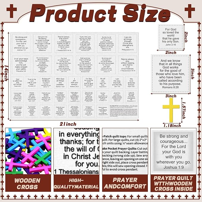 Pocket Prayer Quilt Panel Squares with Small Wooden Crosses Mini Scripture DIY Pocket Prayer Quilt for Friend Family Religious Spiritual Gift Christmas Stocking Stuffers Gifts(Stylish,Colorful)