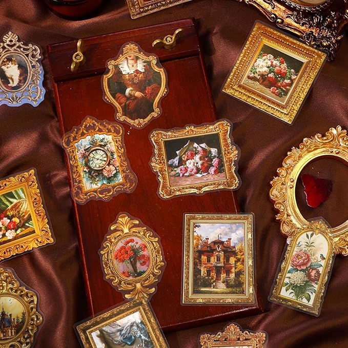 80 Pieces Vintage Baroque Style Frame Background Scrapbook Sticker Set, 4 Pack Aesthetic Palace Style PET Stickers for Scrapbooking, Journaling, Waterproof DIY Crafts and Junk Journal