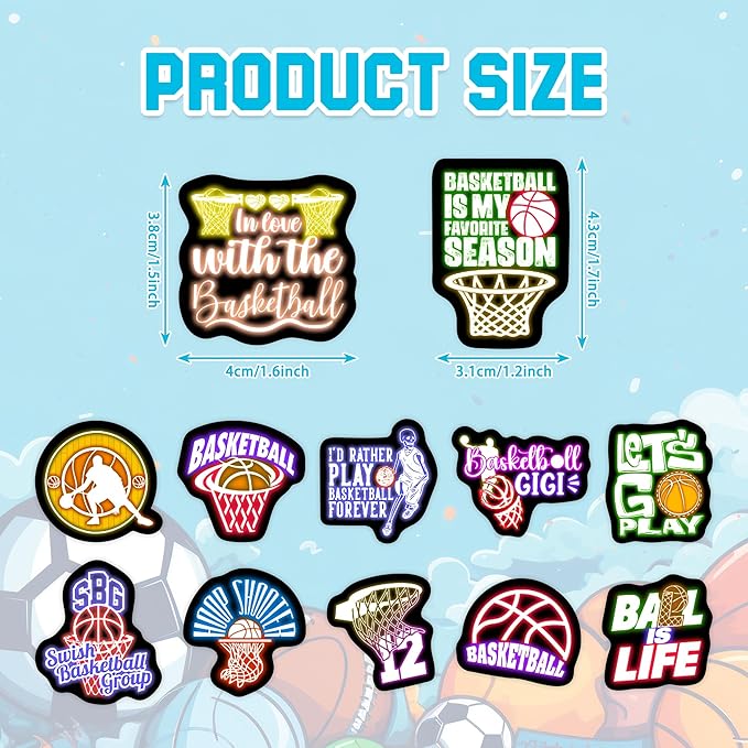 70 PCS Neon Basketball Water Bottle Stickers for Kids, Glow in The Dark Vinyl Decals for Laptop Skateboard Phone Case, Teens Adults Boys Girls Colorful Sports Decor
