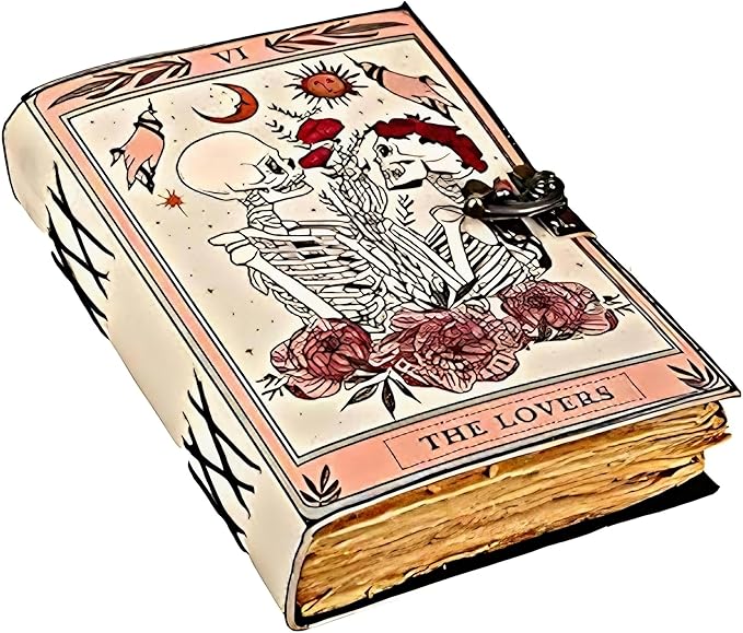 Book of Spells Leather Journal Deckle Edge Paper Grimoire Printed Journal The Lovers Tarot Notebook Spiral Gothic Notebook Skull lover Antique Vintage Leather Journals for Men and Women