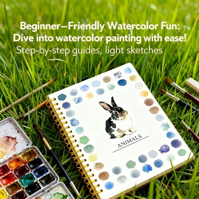 Clhjinruoliu Water Color Workbook,Animals Flowers Ocean Water Coloring Book, Nature Scenes Paint Set Art Crafts, Beginner-Friendly Watercolor Workbook, with 12 Colors Paints Set with Paint Brush,Birds