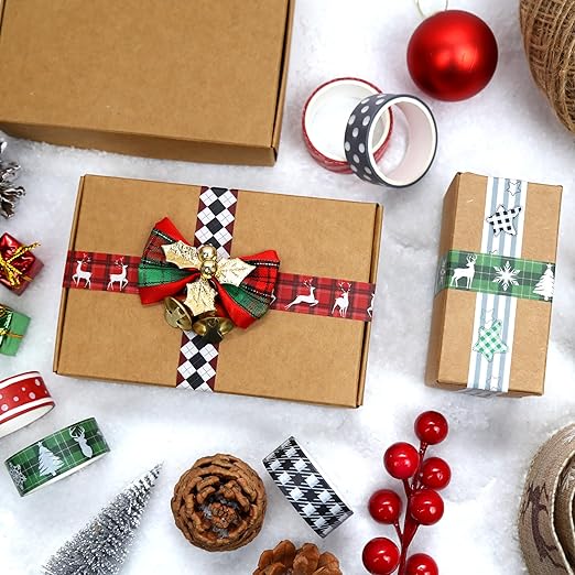 Christmas Washi Tape Set,12 Rolls Red Black Green Plaids Holiday Decorative Tape Xmas Tree Snowflake Elk Masking Tape for Journaling Supplies,Journal, Scrapbooking, Arts & Crafts,Gift Wrapping