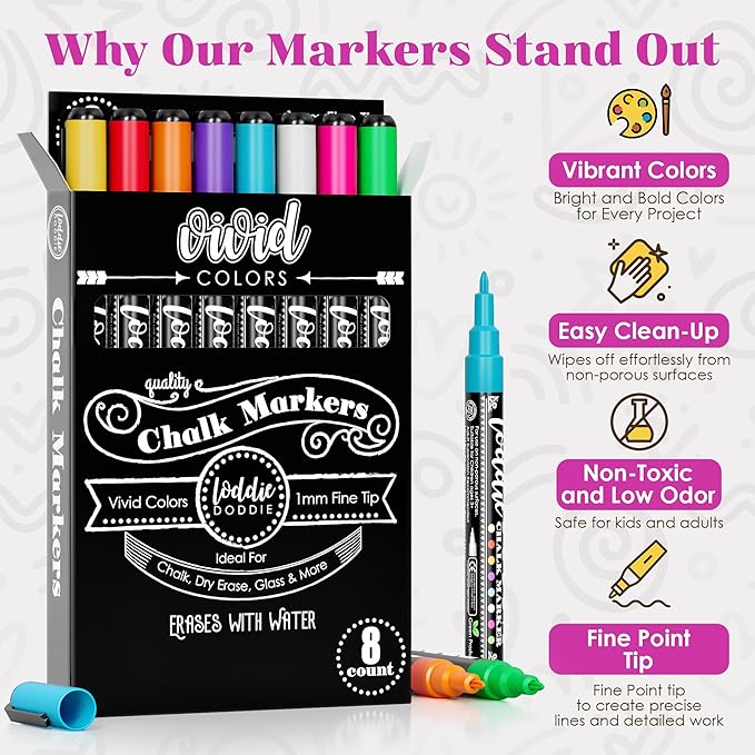 Loddie Doddie Fine Tip Liquid Chalk Markers - Pack of 8, 1mm - Precision Chalk Pens for Blackboard - Vibrant Neon Dry Erase Markers for Glass & Windows