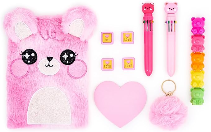 VOTUM Fuzzy Bear Stationery Gift Set for Kids – Plush Notebook, Stackable Highlighters, Click Pens, Sticky Notes & Erasers – Cute Pink Writing Supplies Case