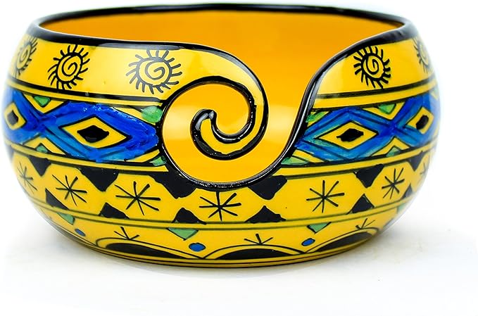 Nagina International Ceramic Attractively Hand Painted Gorgeous Stoneware Yarn Ball Storage Bowl With Innovative Dispensing Curl | Knitting & Crochet Accessions (Medium, Wild Aqua Yellow)