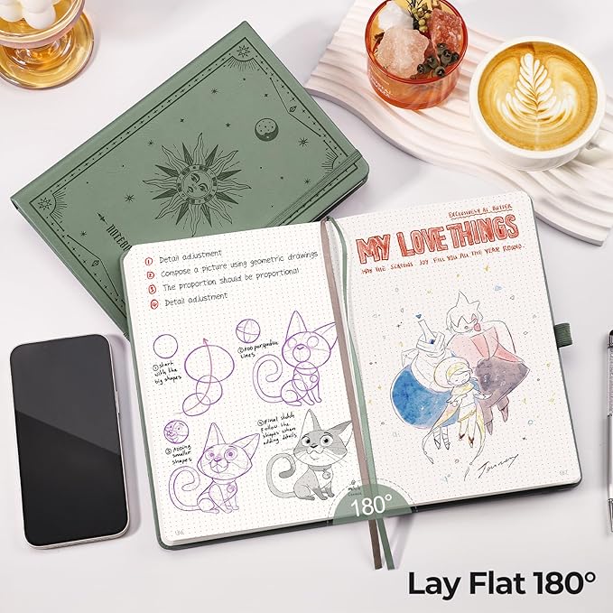 EMSHOI Bullet Dotted Journal Notebook - 320 Pages, 100gsm Thick Paper, A5 Hardcover Leather, Dot Grid Notebook for Women Men Work Writing, Bullet Journaling, Drawing, 5.75 x 8.38, Green