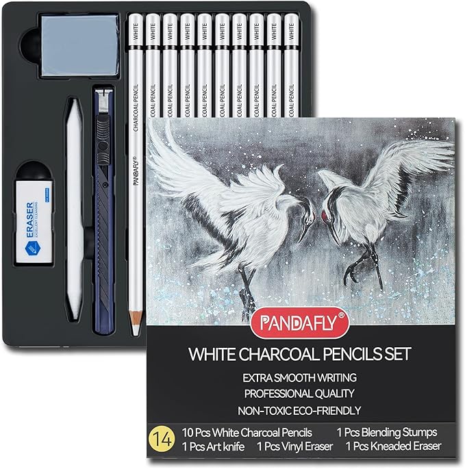 PANDAFLY White Charcoal Pencils Set, Professional 14 Piece Sketch Highlight Charcoal Pencils for Drawing, Sketching, Shading, Blending, White Chalk Pencils for Beginners & Pro Artists