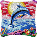 MIAOLLUN Sunset Dolphin Latch Hook Kits DIY Throw Pillow Cover for Adults Kids Color Pattern Printed Hook Crochet Yarn Hand Craft Embroidery 17X17 Inch