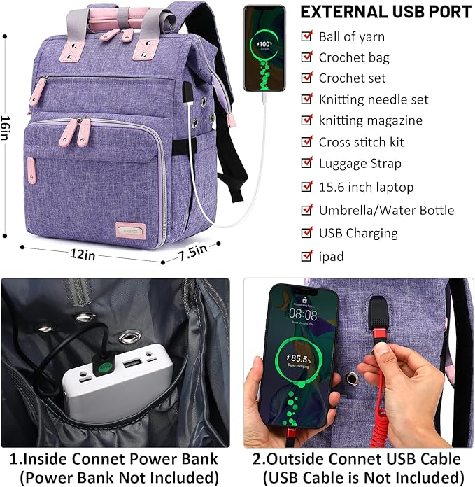 Crochet Backpack,Knitting Bag Backpack Yarn Storage Organizer Travel Crochet Bag with USB Charging Port,Large Yarn Tote Bag Yarn Holder Case