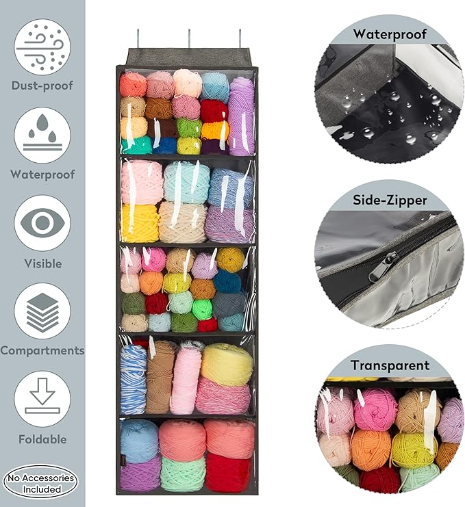 PACMAXI Hanging Yarn Storage Knitting Organizer Storage with 5 Compartments, Clear Wall Display Bulk Yarn Organizer for Knitting Needles, Crochet Hooks(Large Size) (dark grey)