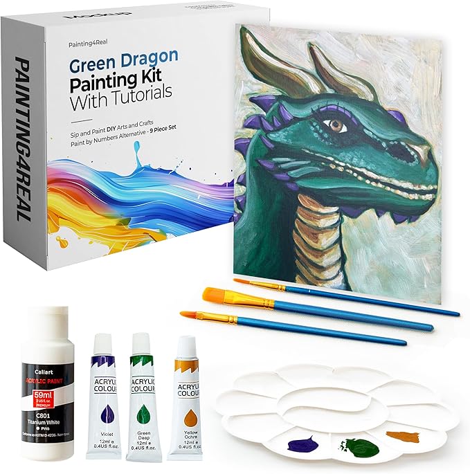 Painting4Real DIY Art Painting Kit for Adults – Learn to Paint Green Dragon with Video Tutorials – 9 Pieces Acrylic Paint Set for Adults –Perfect Christmas Crafts & Holiday Gifts for Art Lovers