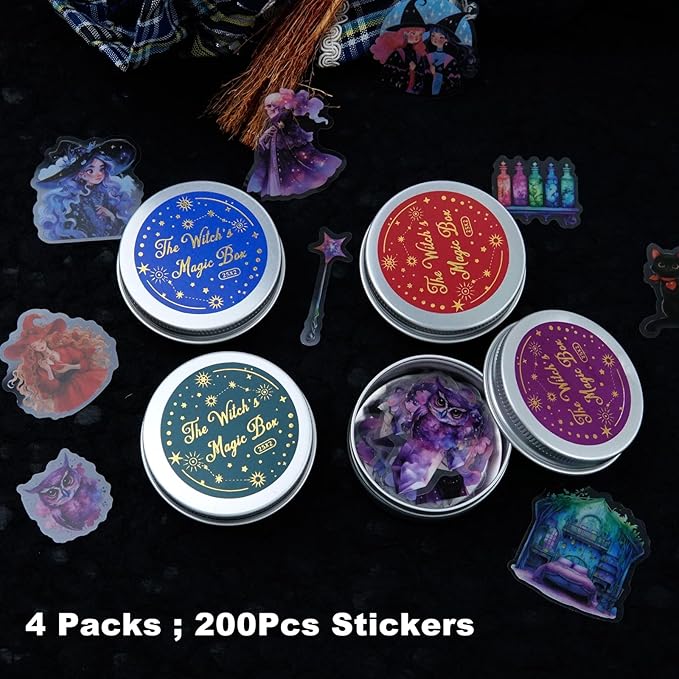 200Pcs Magic Witch PET Sticker Set, Fantasy Witchcore Scrapbook Stickers for Journaling, DIY Crafts, Planner & Collage Decoration in Tin Box