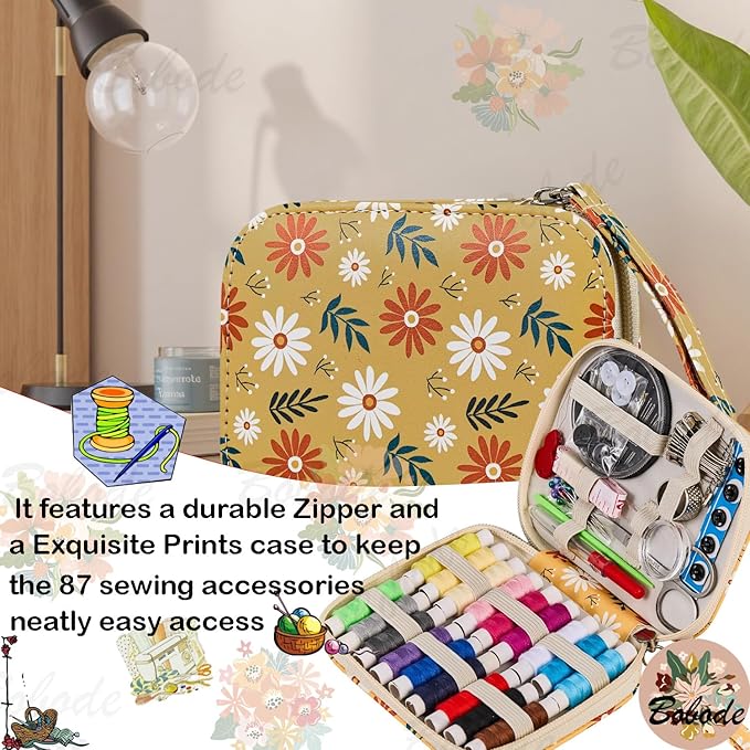Sewing Project Kits Printing Mini Professional Sewing Kit Daisy Pattern Basic Travel Sewing Kit for Adults,Arts Craft DIY,Emergency, Home Beginners
