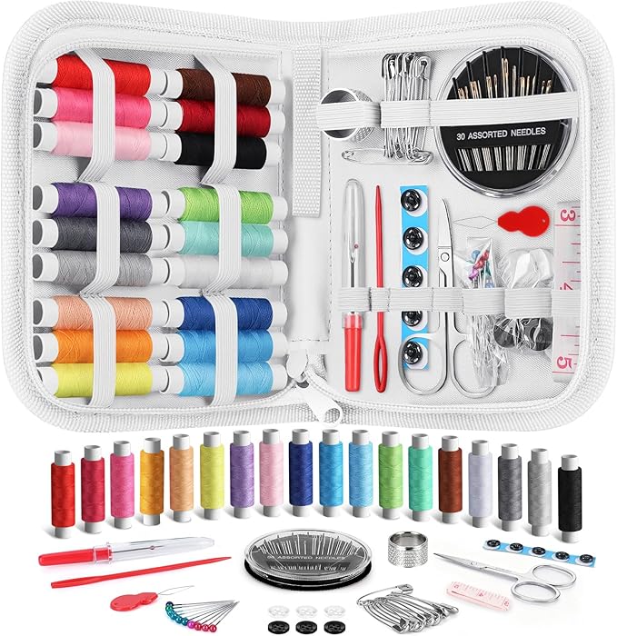 Coquimbo Sewing Kit for Adults, Kids, Beginner, Home, Traveler, Emergency, Portable Sewing Supplies Contains Soft Tape Measure, Scissors, Thimble, Thread, Sewing Needles etc (White, M)