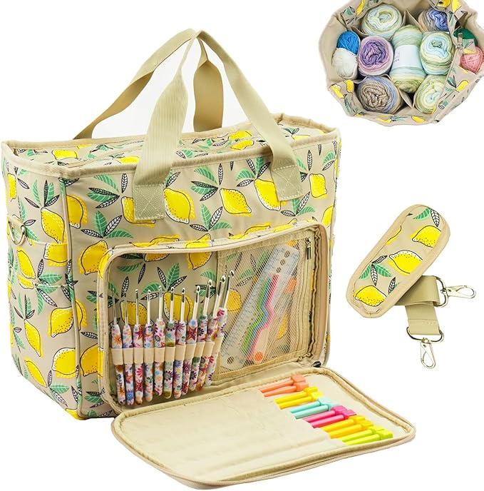 Mdoker Knitting Bags and Totes Organizers Large Crochet Bag Lightweight Yarn Bags for Travel Yarn Storage Organizers for Crochet Hooks,Yarn,Knitting & Crochet Supplies (Yellow Lemon)
