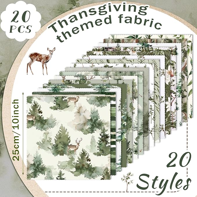 HunnmingRe 20 Pcs 10''x10'' Watercolor Forest Quilting Fabric Square Vintage Green Quiltted Fabric Bundle Christmas Tree Reindeer Precuts Printed Patchwork Supplies for Holiday DIY Sewing Craft