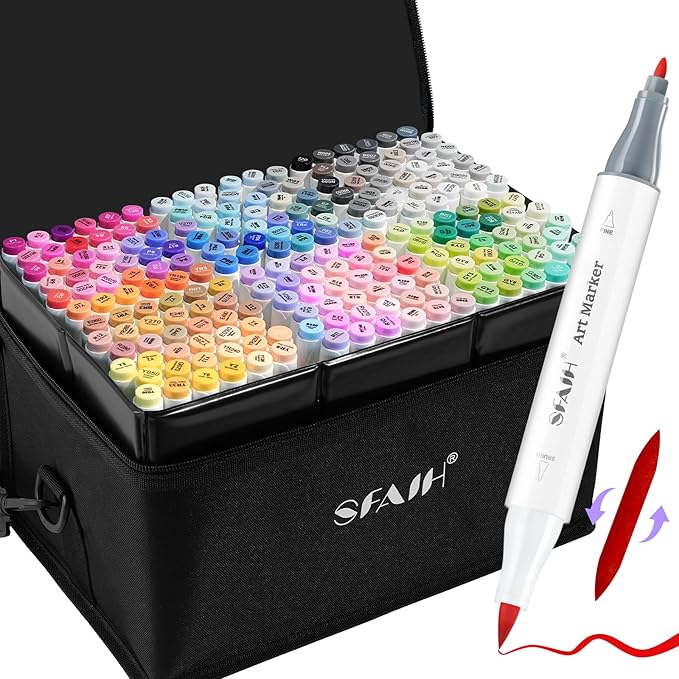 SFAIH Alcohol Markers Brush & Fine - 217 Colors Double Tipped Art Markers for Adult Coloring Illustration, Gifts for Artist Adult - Adjustable Shoulder Strap & Faux Leather Lining & Outer Zip Pocket