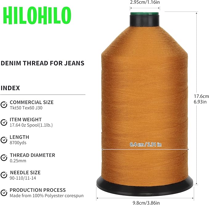 Polyester Corespun Denim Thread Tkt50 Tex60 J30, 8700yds, Suitable Light-Weight Denim Clothing and Home Decor,Mattresses,Curtains(Gold)